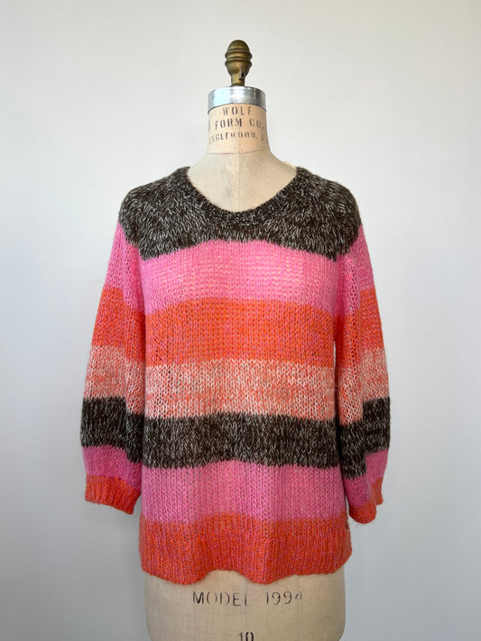 Chandail en tricot à bandes colorées et manches ballons 3/4 (S)