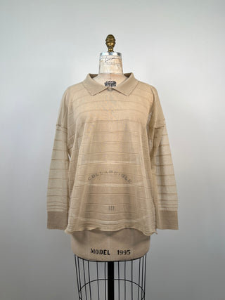 Almond-colored sheer knit polo neck sweater (TU)