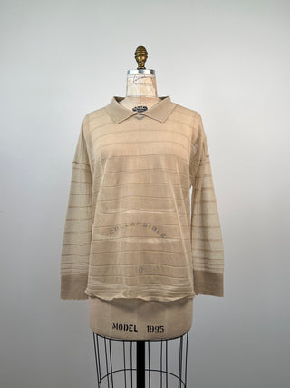 Almond-colored sheer knit polo neck sweater (TU)