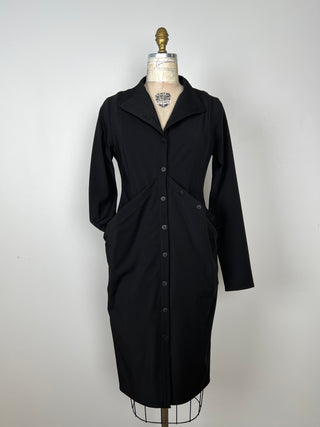 Black fitted dress/jacket with draped pockets (S)