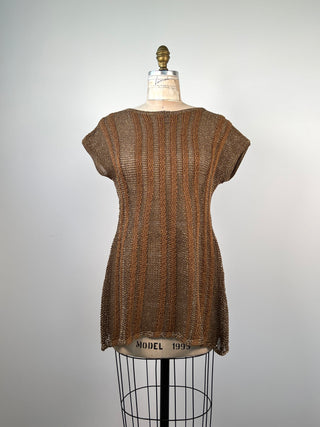 Golden Nutmeg Openwork Knit Tank Top with Open Back (S/M)