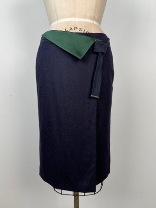 Navy flannel skirt with green satin cuffs (S/M)