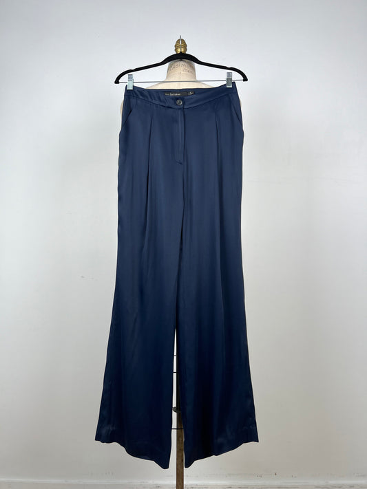 Pantalon taille haute en satin marine (6)