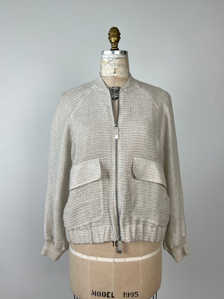 Iridescent mother-of-pearl linen knit bomber jacket (4 to 12)