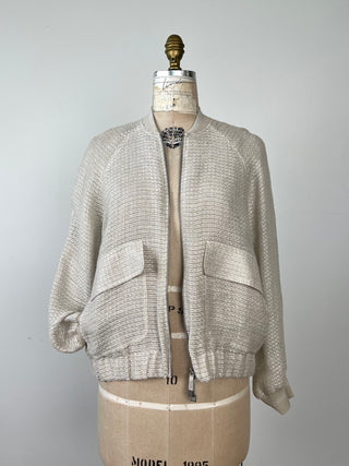 Iridescent mother-of-pearl linen knit bomber jacket (4 to 12)