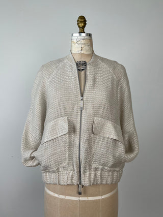 Iridescent mother-of-pearl linen knit bomber jacket (4 to 12)