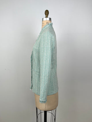 Veste façon tweed vert menthe et crème à franges (6)