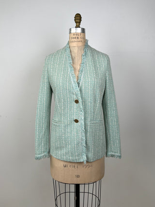 Veste façon tweed vert menthe et crème à franges (6)