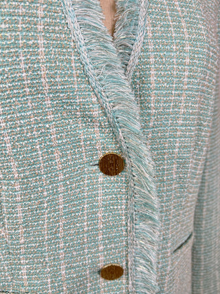 Veste façon tweed vert menthe et crème à franges (6)