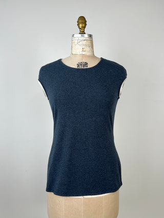 Heathered navy tank top with cream armholes (XS to M)