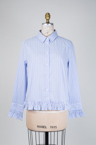 Blue and white striped ruffled blouse (4+10)