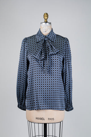 Black blouse with a pussy bow and clover medallions (L)