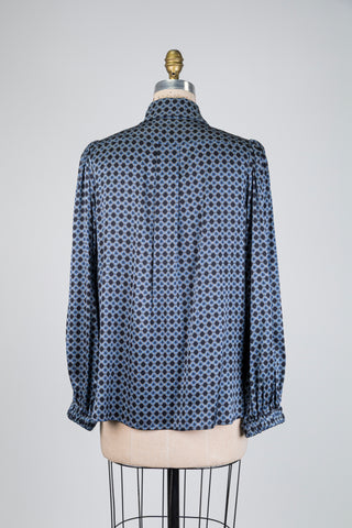 Black blouse with a pussy bow and clover medallions (L)