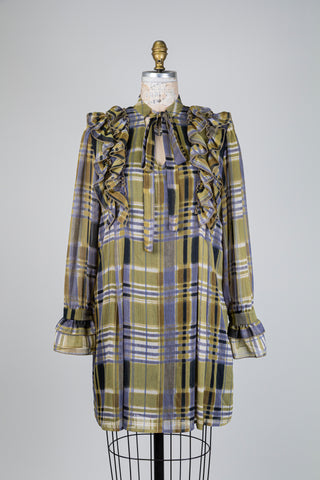 Olive green diaphanous jacquard tunic with ruffles (4+6)