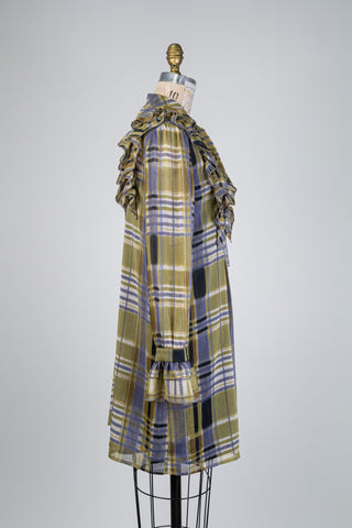 Olive green diaphanous jacquard tunic with ruffles (4+6)