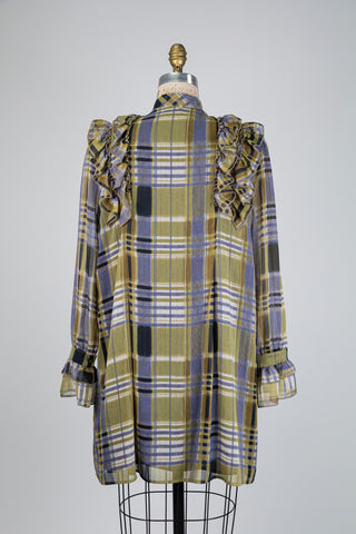 Olive green diaphanous jacquard tunic with ruffles (4+6)
