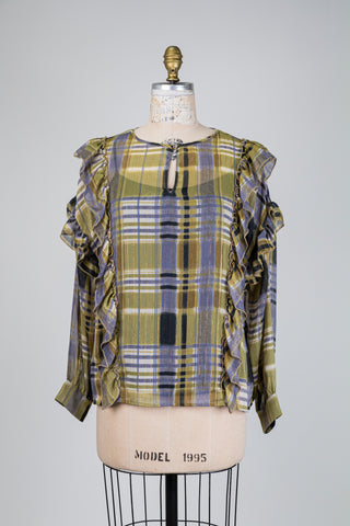 Blouse diaphane vert olive à volants (2-6)