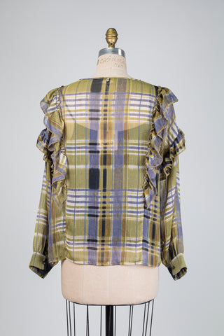 Blouse diaphane vert olive à volants (2-6)