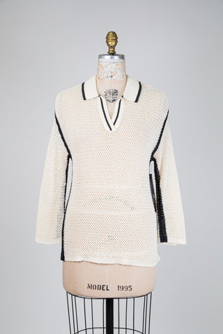 Chandail polo en maille ajourée beige (6)