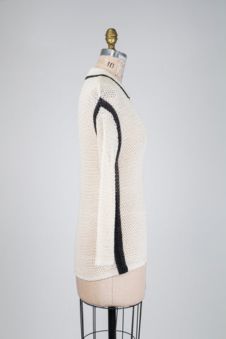 Chandail polo en maille ajourée beige (6)