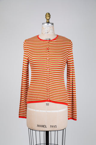 Coral and chartreuse openwork cardigan (S)