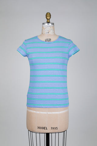 T-shirt bleu à rayures vert et blanc (S)