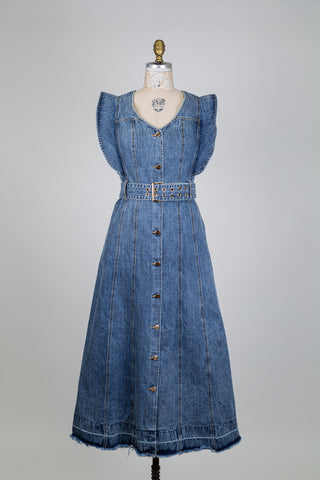 Robe en denim ceinturée à manches volantes (6)