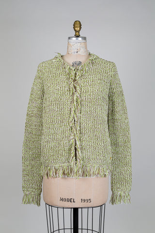 Cardigan en tricot vert chiné à ourlets frangés (S)