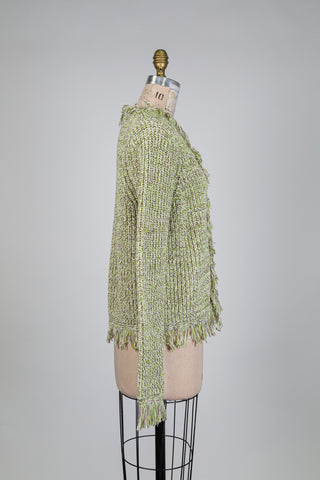 Cardigan en tricot vert chiné à ourlets frangés (S)
