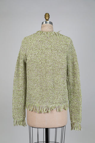 Cardigan en tricot vert chiné à ourlets frangés (S)