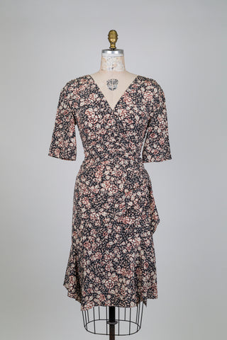 Robe noire florale "Tango" à double décolleté (XS)