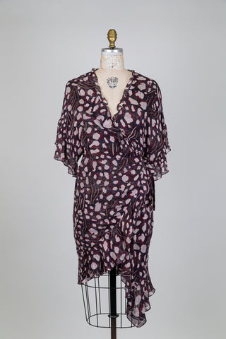 Robe portefeuille bourgogne et rose à ourlets volants (S/M)
