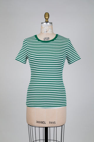 T-shirt coton bio côtelé vert et blanc (S)