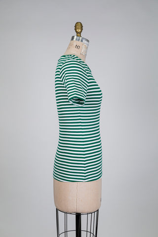 T-shirt coton bio côtelé vert et blanc (S)