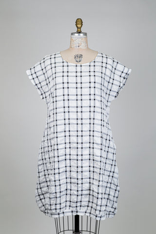 Robe ballon blanc tartan noir effet froissé (S)