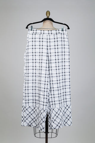 Pantalon jambe large blanc tartan noir effet froissé (S)