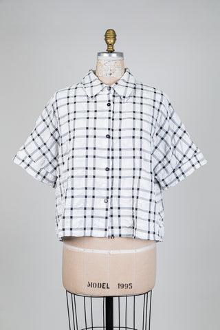 Chemisier blanc tartan noir effet froissé (S)