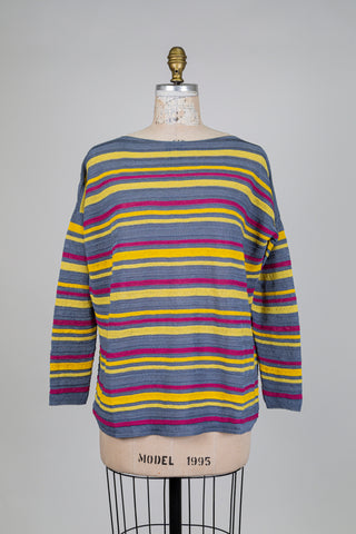 Chandail en lin à rayures bleu jaune et fuchsia (TU)