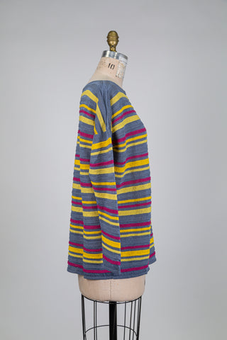 Chandail en lin à rayures bleu jaune et fuchsia (TU)