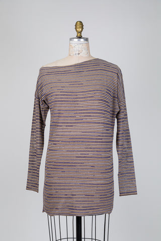 Taupe and blue striped boat neck sweater (OS)