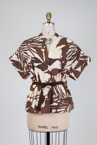 Blouse crème à imprimé végétal brun (S)