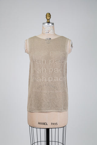 Ecru openwork knit tank top with lettering (OS)