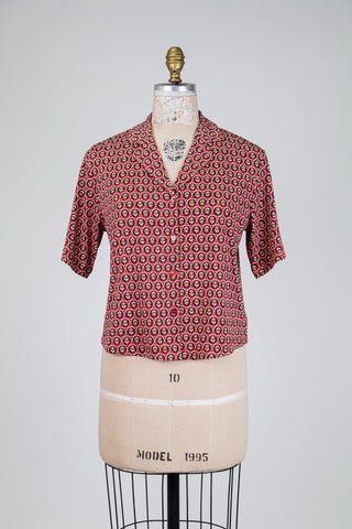 Blouse framboise à pastilles florales (S)