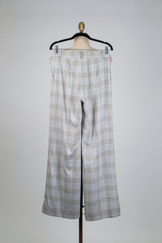 Wide-legged grey and khaki tartan trousers (6)