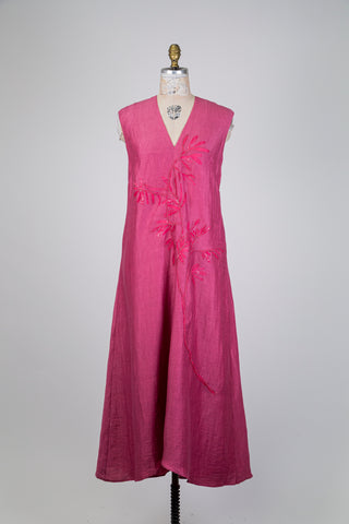 Pink linen dress with raised botanical pattern (6)
