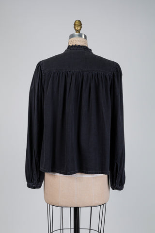 Black denim-effect blouse with ruffled collar (8)