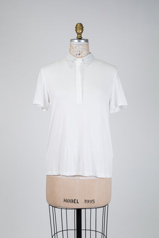 Chandail polo blanc à col chiné gris (S)
