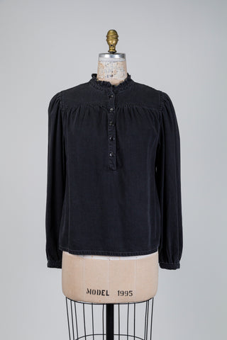Black denim-effect blouse with ruffled collar (8)