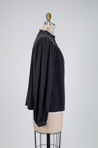 Black denim-effect blouse with ruffled collar (8)