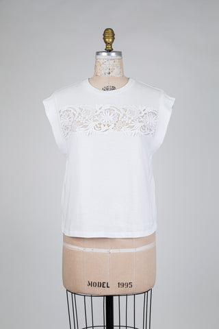 T-shirt blanc à empiècement de dentelle (XXS à XL)